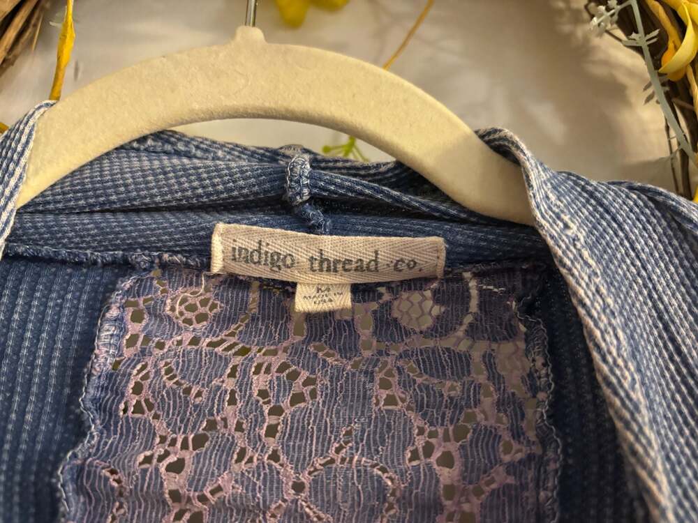 Indigo Thread Co. Blue Thermal Knit Cardigan with Lace Detail Back and Sleeves - Picture 2 of 3